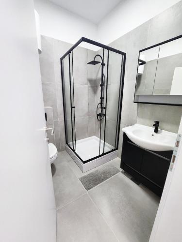 a bathroom with a shower and a sink and a toilet at Hotel Balon in Velika Kladuša