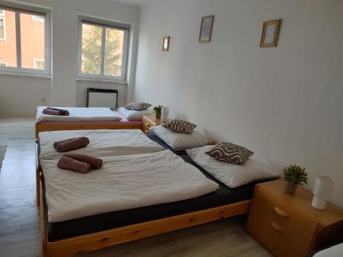 two twin beds in a room with two windows at Apartmán U Kláštera in Broumov