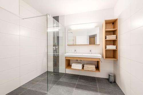 La salle de bains est pourvue d'un lavabo et d'une douche en verre. dans l'établissement Mountain Lodge Gröbming, à Gröbming