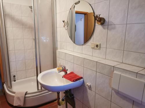 y baño con lavabo, espejo y ducha. en Beekenhof Ferienwohnung für Monteure, en Bommelsen
