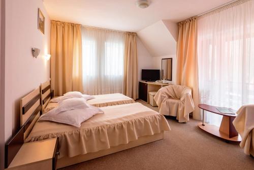 a bedroom with a bed and a desk and a television at Turist Suior Baza in Baia-Sprie
