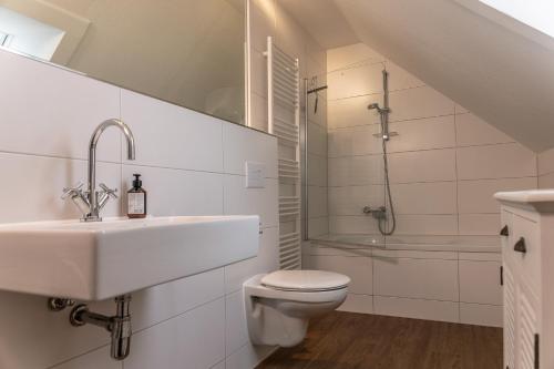 uma casa de banho com um lavatório, um WC e um chuveiro em 50111 Fishermans Loft em Carolinensiel