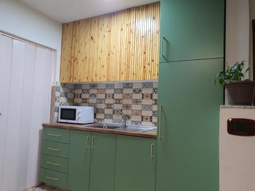 a kitchen with green cabinets and a white microwave at Central Home Away From Home in Shkodër