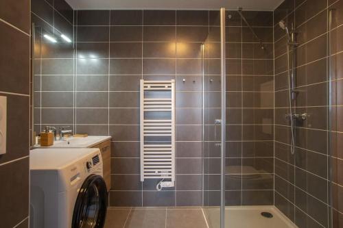 une salle de bain avec douche et machine à laver dans l'établissement A L'Horizon - Joli Studio dans Strasbourg, à Strasbourg