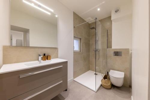 une salle de bain avec une douche, un lavabo et des toilettes dans l'établissement Le Nid Alsacien - Charmant T2 au centre ville de Strasbourg, à Strasbourg