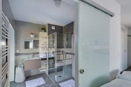 une salle de bain avec une douche en verre et un lavabo dans l'établissement Bassin d'Austerlitz - Studio avec terrasse dans l'une des tours Black Swans, à Strasbourg