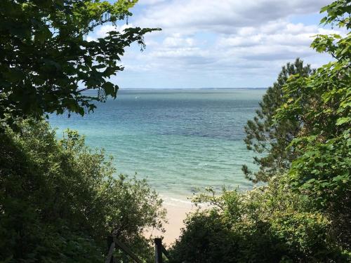 a view of the ocean from a beach with trees at Little Bassett Bed & Breakfast in Totland