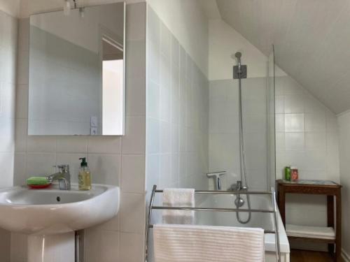 a white bathroom with a sink and a mirror at Ejoki in Sarlat-la-Can&eacute;da