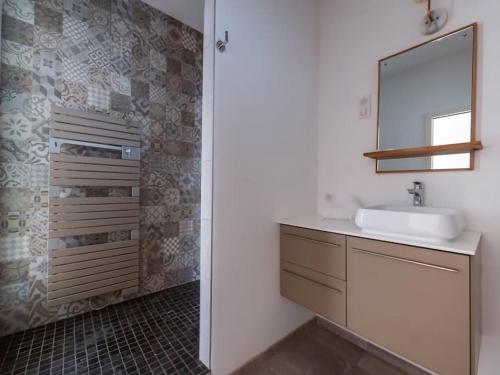 ein Bad mit einem Waschbecken und einem Spiegel in der Unterkunft 6 Rue de Zurich - T3 avec grande terrasse in Straßburg