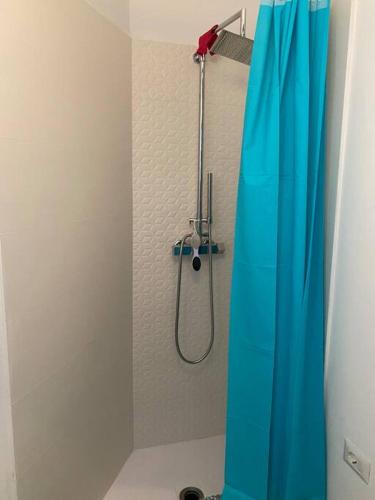 a shower with a blue shower curtain in a bathroom at Cà Rara pied à terre in Marina di Carrara