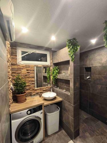 a bathroom with a washing machine and a sink at Baky House in Balatonlelle