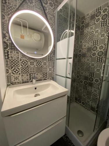 a bathroom with a sink and a mirror and a shower at Le vésulien - Ma petite résa in Vesoul