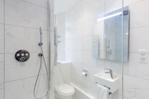 une salle de bain avec une douche, des toilettes et un lavabo dans l'établissement Le Carré D'or - Près de la place Gutenberg, à Strasbourg