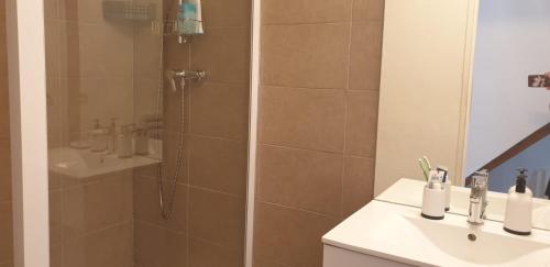 une salle de bain avec une douche avec un lavabo et des toilettes dans l'établissement L’Abri Côtier presqu’île de Giens, à Hyères