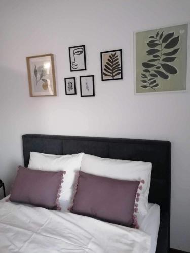 ein Schlafzimmer mit einem Bett mit vier Bildern an der Wand in der Unterkunft Apartma Bistrica in Slovenska Bistrica
