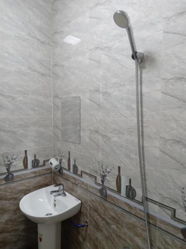 La salle de bains est pourvue d'un lavabo et d'une douche. dans l'établissement Viet Hung Hostel - Motorbikes Rental- BUS TICKET, à Làng Lap