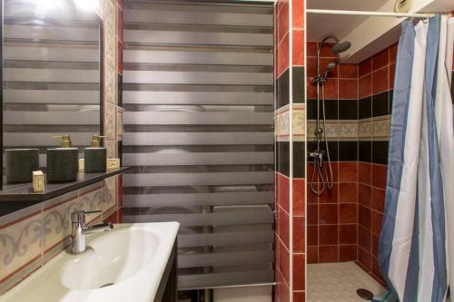 une salle de bain avec un lavabo et une douche dans l'établissement Tonneliers, à Strasbourg