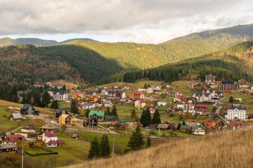 バコヴェルにあるГірський Барнの山を背景にした丘の上の小さな町