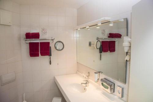 een witte badkamer met een wastafel en een spiegel bij Hotel und Restaurant Harzparadies in Harztor