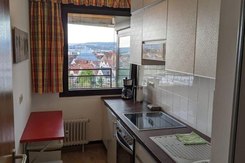 uma pequena cozinha com um lavatório e uma janela em Wohnung DC 12A em Neu-Ulm