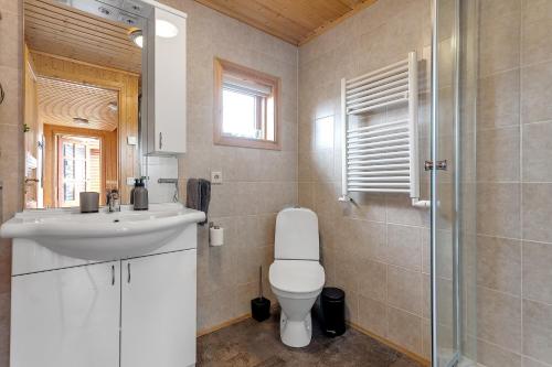 uma casa de banho com um WC, um lavatório e um chuveiro em Summer House with Stunning Mountain Views em Úthlid