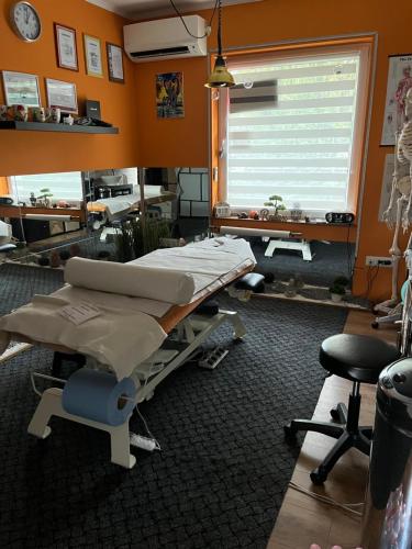 a hospital room with a bed and a window at Baky House in Balatonlelle