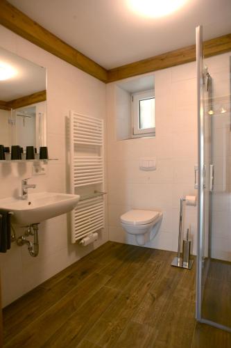 a bathroom with a sink and a toilet at Ferienwohnung Holzebenhof in Drachselsried