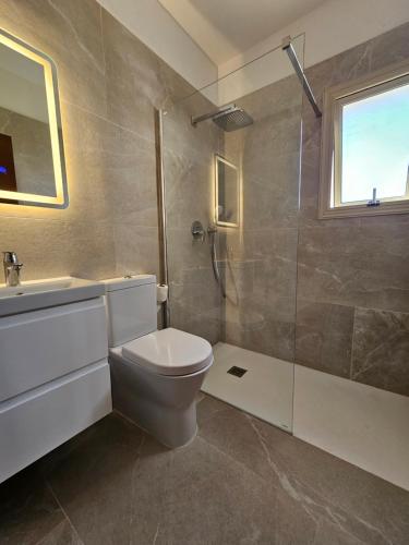ein Bad mit einem WC, einem Waschbecken und einer Dusche in der Unterkunft Villa Felix in Coral Bay