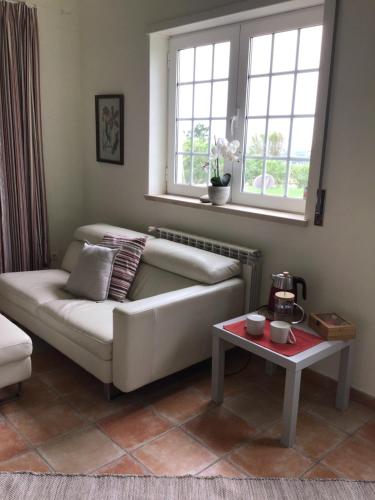 a living room with a couch and a table at The Garden Room in Bombarral