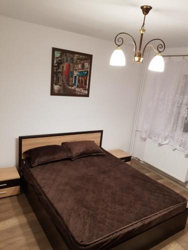 a bedroom with a large bed and a chandelier at Apartamentul Maria in Oradea