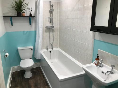 a bathroom with a toilet and a tub and a sink at Apartment One Hull in Hull