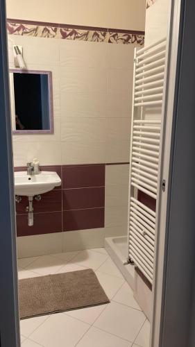 a bathroom with a sink and a shower with a mirror at Appartamento viale della stazione in Spoleto
