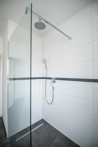 a bathroom with a shower with a glass door at Ferienwohnung Heimatgefühl in Rimpar bei Würzburg in Rimpar