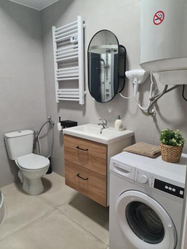 ein Badezimmer mit einer Waschmaschine und einem Waschbecken in der Unterkunft Luxe et Détente Près du Luxembourg 