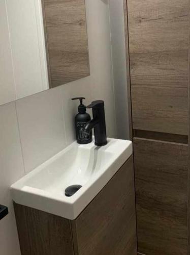 a bathroom with a white sink and a mirror at Apartamento El Rinconzuelo in Rubielos de Mora