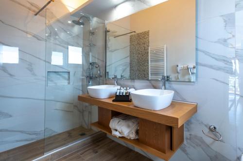 W łazience znajdują się 2 umywalki i przeszklony prysznic. w obiekcie Finday Eco Boutique Hotel w Kalawricie