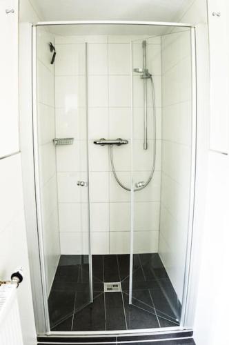 a shower with a glass door in a bathroom at Ferienhaus "Schmale Gisela" bis zu 6 Personen mit Garten und Parkplätzen in Seligenstadt