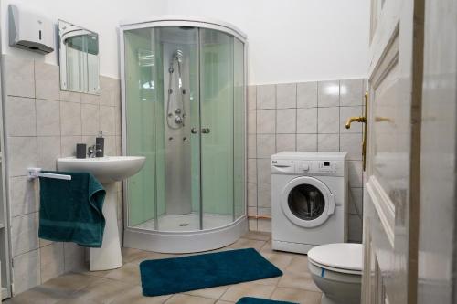 a bathroom with a shower and a washing machine at Apartment in Marschall Palace in Timişoara