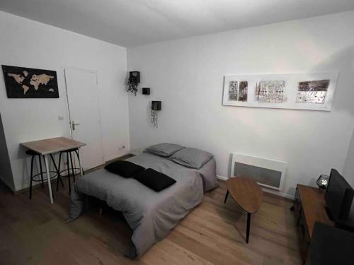 une chambre avec un lit, une table et une télévision dans l'établissement Au P’tit Écureuil - Studio hypercentre Rouen, à Rouen