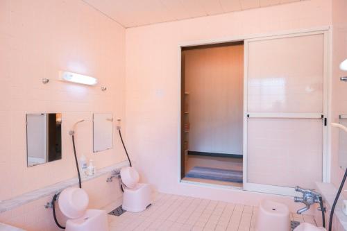 a bathroom with a toilet and a sink and a mirror at 豊島ロッヂooバス停浅貝上前 in Yuzawa