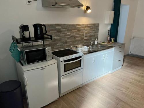 a kitchen with a stove and a sink in it at Le Dauphin - Appartement chaleureux proche Gare de Bourgoin in Jallieu