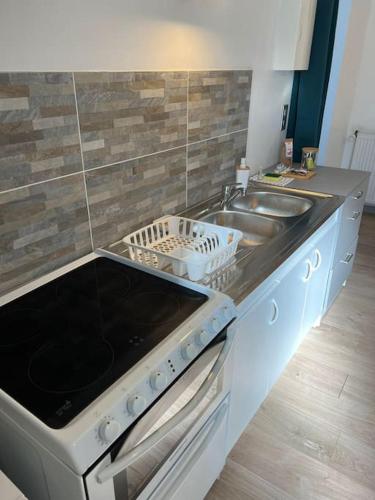 une cuisine avec un évier et une cuisinière four supérieur dans l'établissement Le Dauphin - Appartement chaleureux proche Gare de Bourgoin, à Jallieu