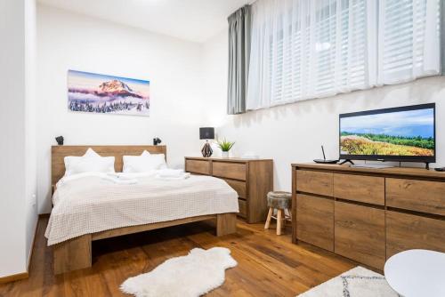 a bedroom with a bed and a flat screen tv at Horský apartmán v resortu se službami a wellness in Vrchlabí