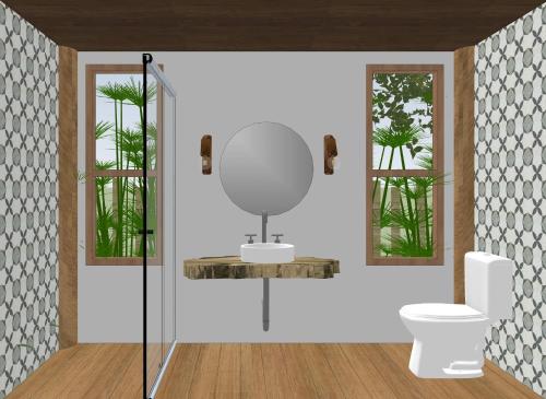 a bathroom with a toilet and a mirror at Eco Glamping Pé da Serra SC in Praia Grande