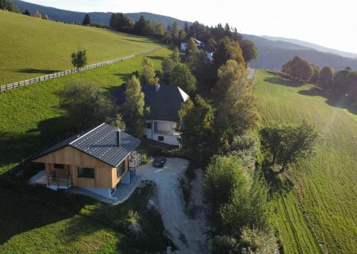 an aerial view of a house in a field at Haus am Hochwechsel in Breitenbrunn