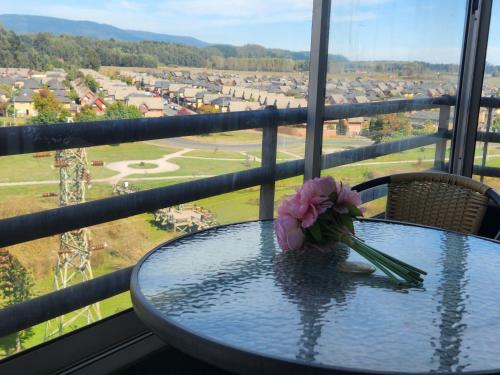 a table with a flower on top of a balcony at Departamento San Pedro de la Paz in San Pedro de la Paz