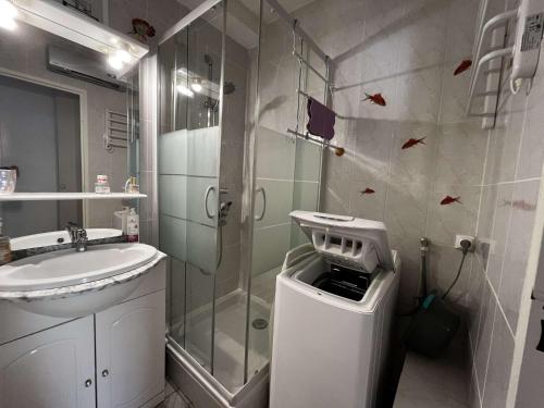 une salle de bain avec une douche, un lavabo et des toilettes dans l'établissement Appartement Climatisé, Calme, Proche Centre Port et Plage pour 4 Personnes - FR-1-607-14, au Cap d'Agde
