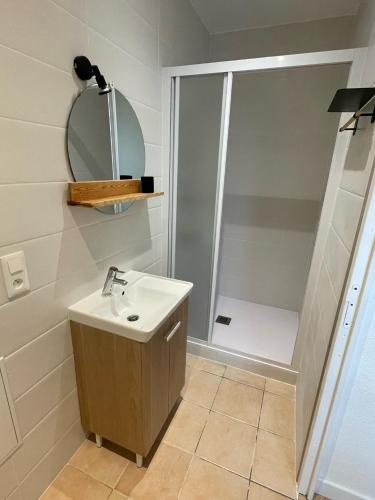 une salle de bain avec douche et lavabo dans l'établissement Appart avec chambre lumineux et chaleureux, au Boulou