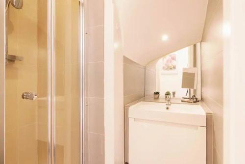 uma casa de banho com um chuveiro e um lavatório. em Bright and Quiet 2-bed 2-bath with Great Patio em Londres
