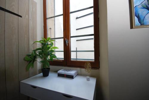 una ventana con un libro y una planta en un escritorio en Baignoire Cosy Centre Narbonne, en Narbona